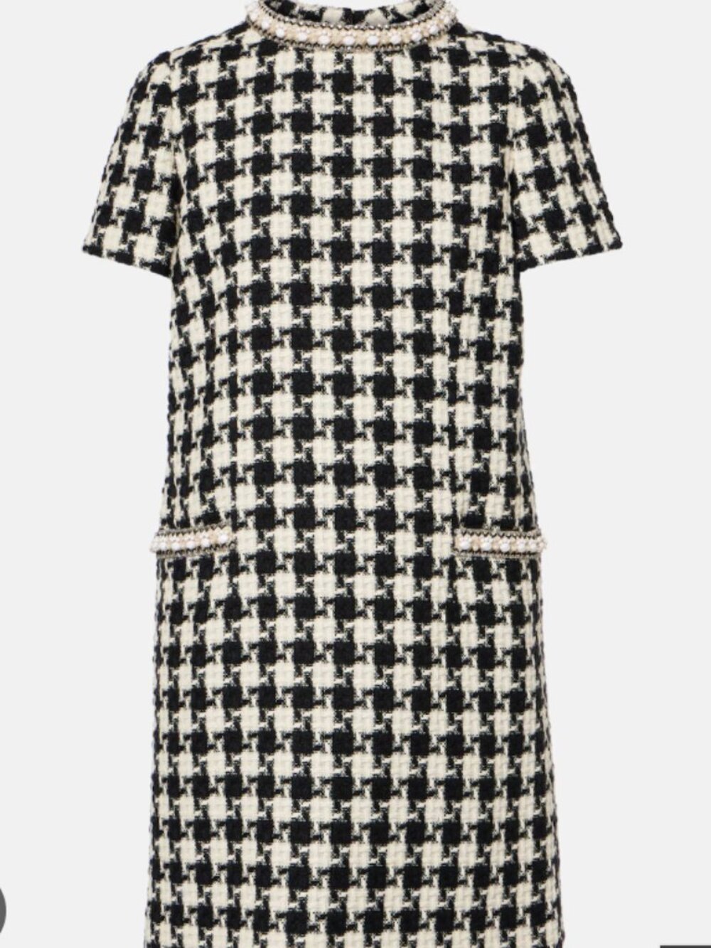 New S Textured Jacquard Houndstooth Black White Mini Dress with Fringe